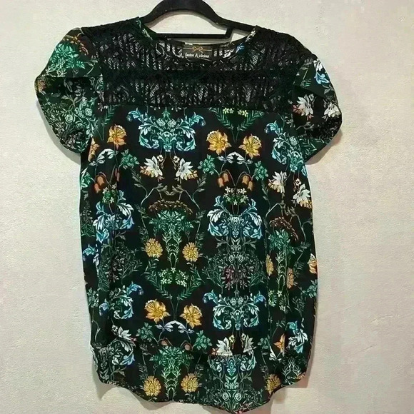 Twine & String floral black and orange short sleeve blouse shirt top size small - Picture 1 of 10